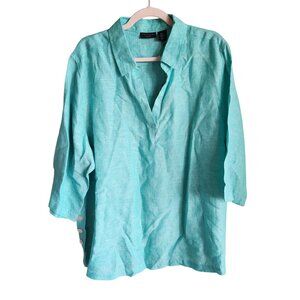 Tahari Shirt Women's 2XL XXL Green V Neck 100% Linen 3/4 Sleeve Top Blouse NEW